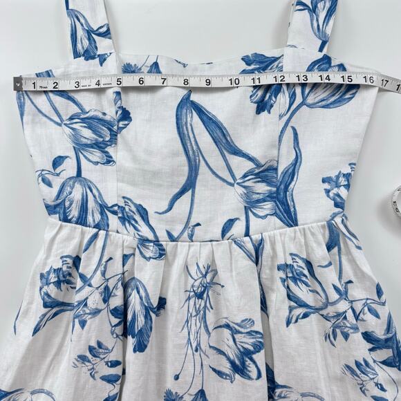 Reformation Frieda Linen Midi Dress Size 4 Blue White Floral Trad Wife Cottage - Picture 14 of 16